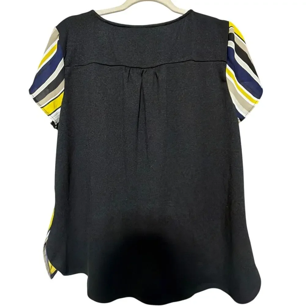 Zoe+Chloe Size Large Mixed Media Striped Short Sleeve Top Black Yellow - Picture 3 of 5